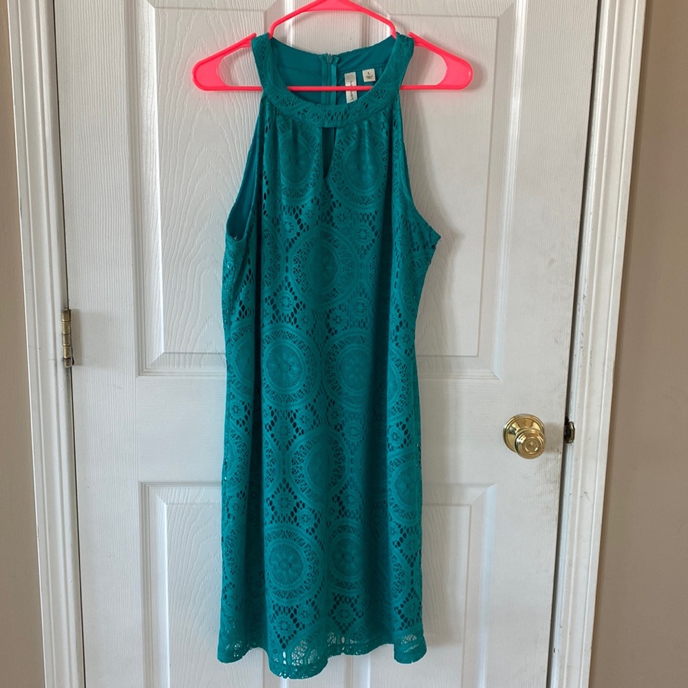 Tacera large turquoise dress with lace overlay halter top